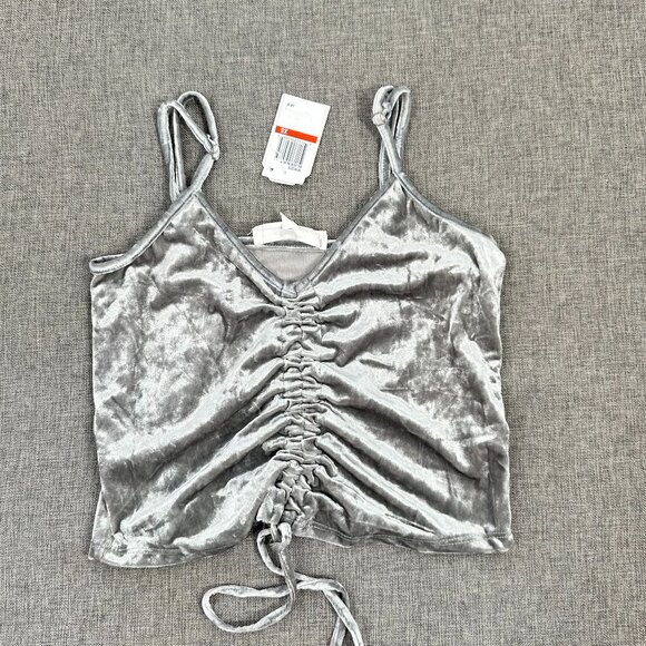 NEW! Hippie Rose Satin Ruched Top Silver Shiny Adjustable Straps XS Stretch Poly - Picture 2 of 15